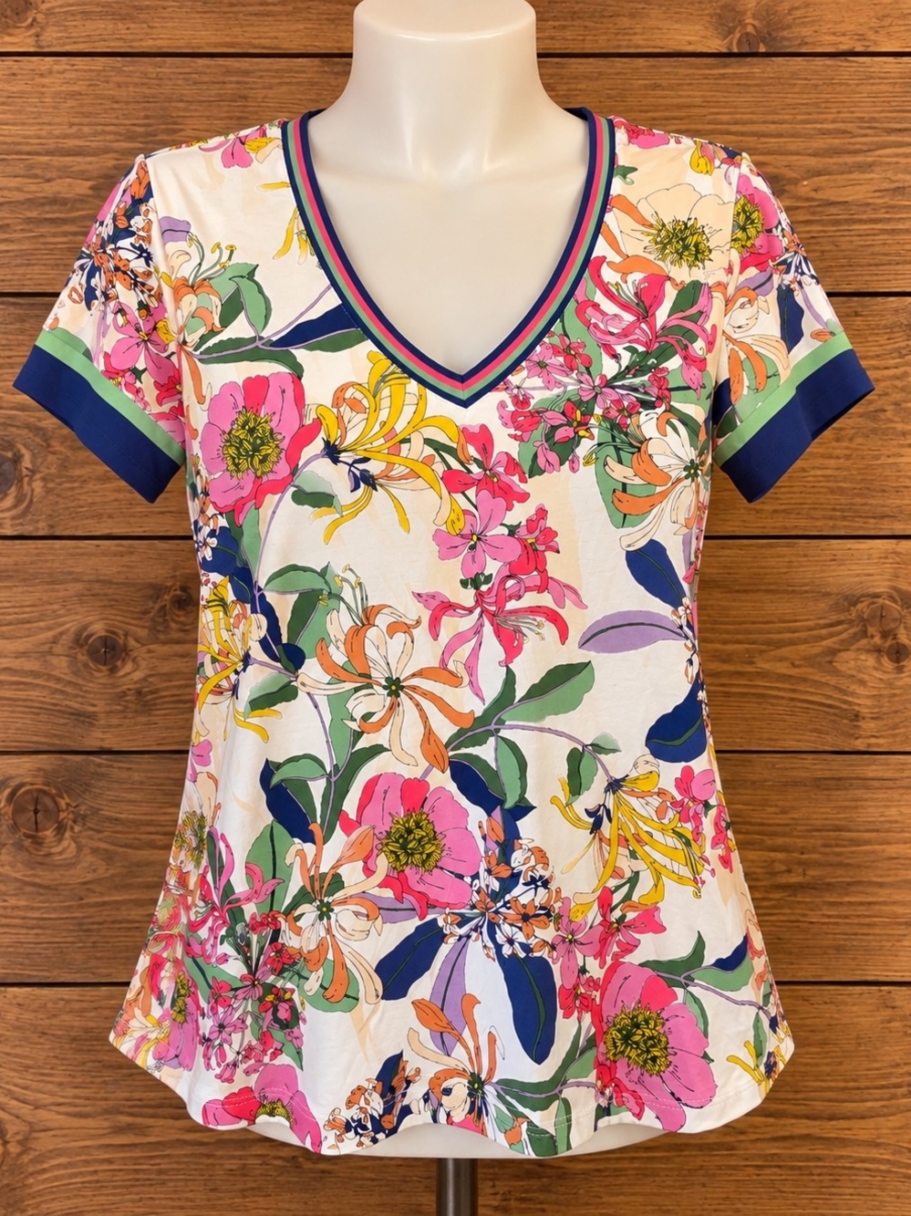Johnny Was White Floral V-Neck Short Sleeve Tee with Pink & Yellow Accents